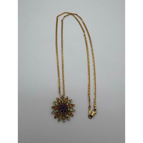 Vintage 14K Gold Chain w/ Amethyst Peridot Citrine Flower 10K Pendant Necklace - Picture 1 of 5